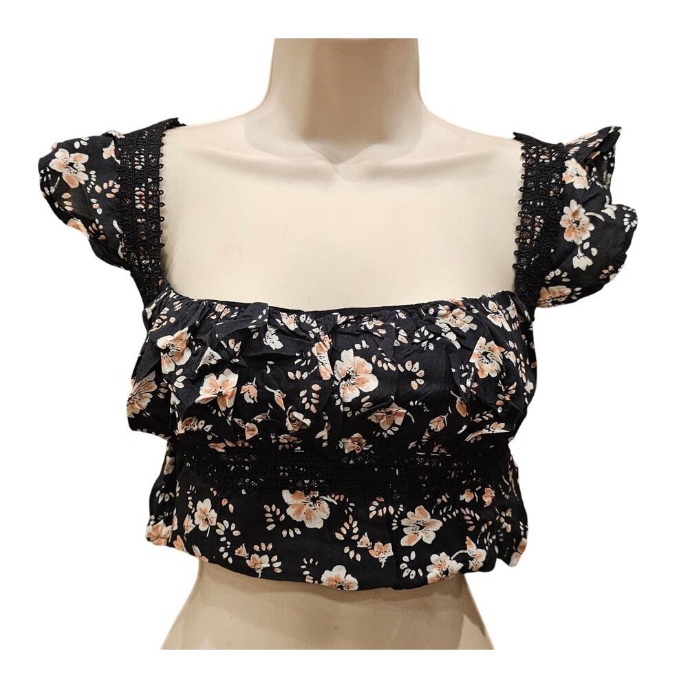 Free People Top Bijou Square Neck Floral Ruffle Sleeve Shoulder Tie Size 8 boho